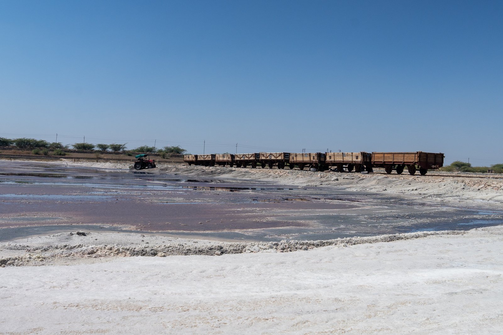 A salt harvester walks across the vast pink brine beds of Sambhar Lake at golden hour