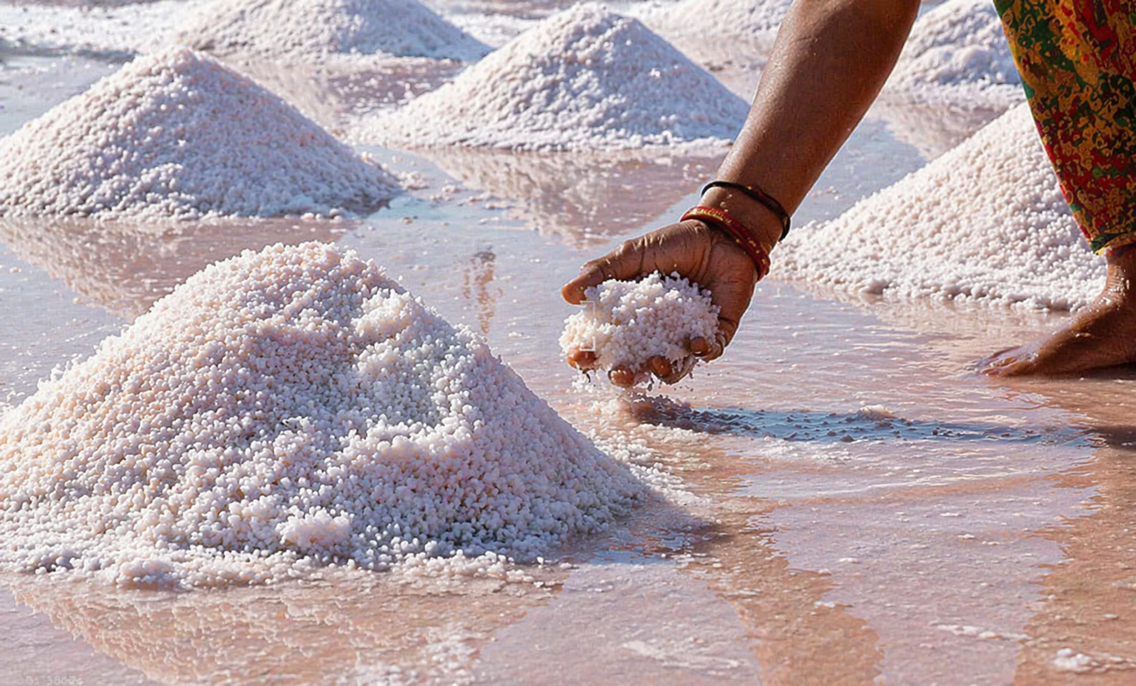 Hands harvesting pink salt crystals from Sambhar Lake