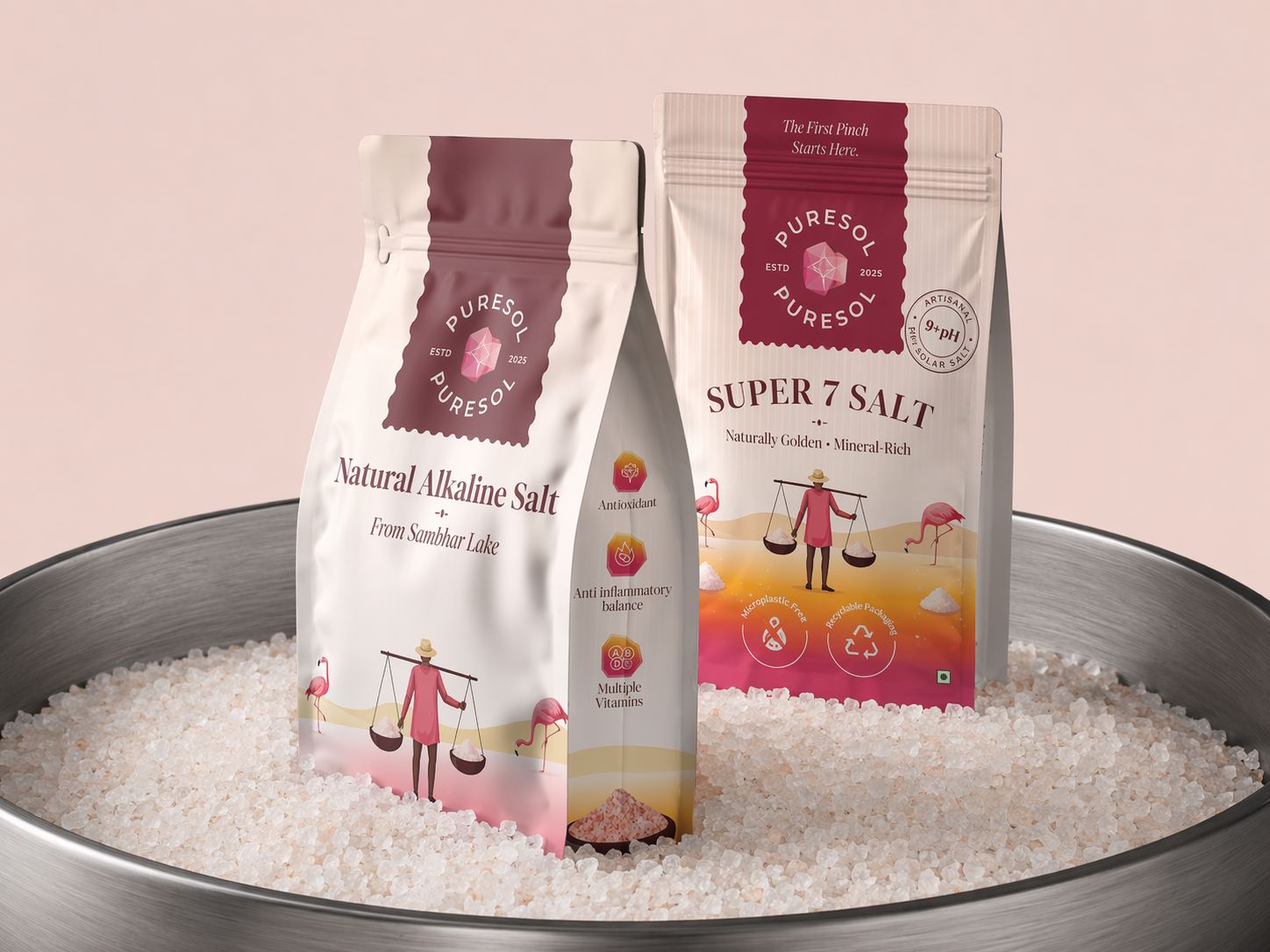 Puresol salt pack on pink Sambhar Lake brine — naturally coloured by Dunaliella salina